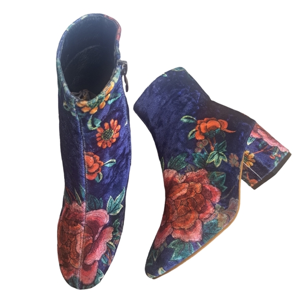 Floral Velveteen Fabric Booties Navy/Pink Women's Sz 37/6.5 Boho 60's Hippie - Picture 5 of 9